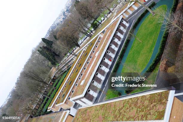 The stables and the medical center at the Hippodrome de Longchamp on March 22, 2018 in Paris, France. The iconic Parisian Longchamp racecourse was...