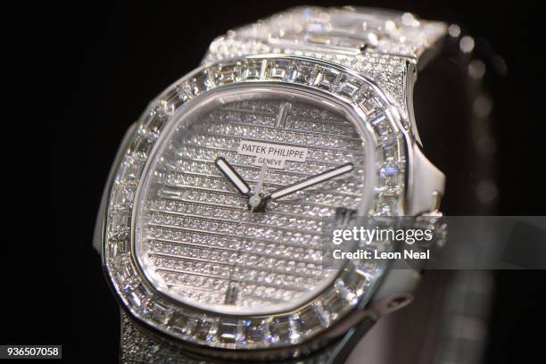 Patek Philippe 5719/1, featuring 1,343 diamonds, is displayed at the Baselworld watch fair on March 22, 2018 in Basel, Switzerland. The annual watch...