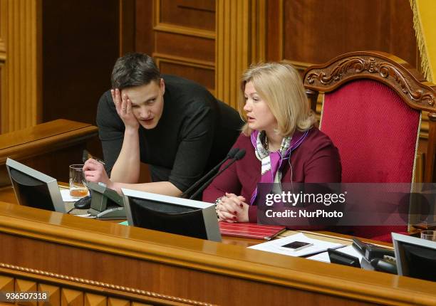 Ukrainian parliamentary deputy Nadiya Savchenko talks to Iryna Gerashchenko during a parliament session in Kyiv, Ukraine March 22, 2018.