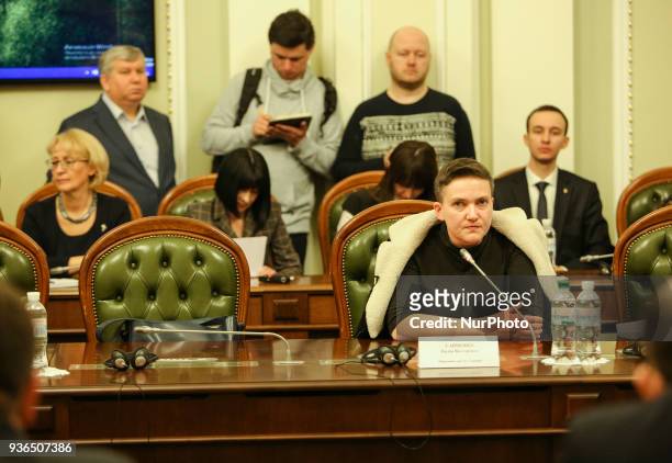 Lawmaker Nadiya Savchenko at a meeting of the Committee for House Rules and Verkhovna Rada Governance, which is considering the proposal by...