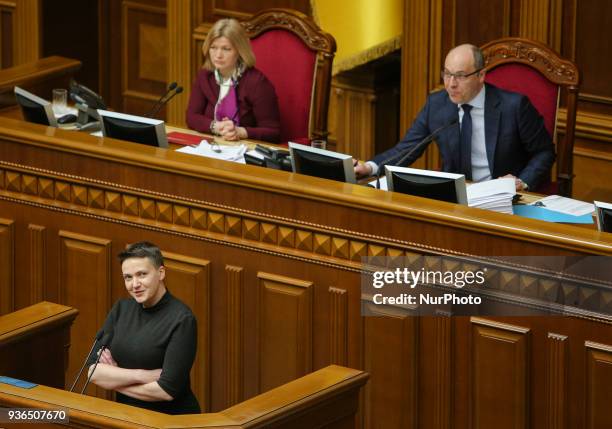 Ukrainian parliamentary deputy Nadiya Savchenkoyfs a speech during a parliament session in Kyiv, Ukraine March 22, 201818