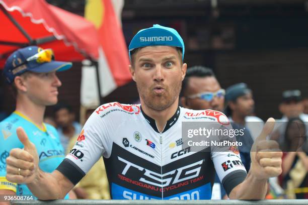 Artem Ovechkin from Terengganu Team seen ahead of the Awards Ceremony after he wins the fifth stage, the mountain stage of 169.4km from Bentong to...