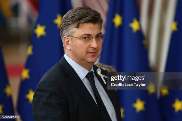 Prime Minister of Croatia, Andrej Plenkovic arrives at the Council of the European Union for the first day of the European Council leaders' summit at...