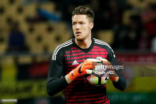 Goalkeeper Wayne Hennessey of Wales handles the ball during the 2018 China Cup International Football Championship match between China and Wales at...