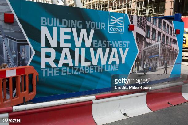 Sign for Crossrail and the Elizabeth Line at Liverpool Street, the multi million pound rail development which will join East and West London,...