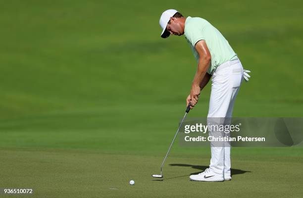 Harris English putts on the sixth green during round one of the Corales Puntacana Resort & Club Championship on March 26, 2018 in Punta Cana,...