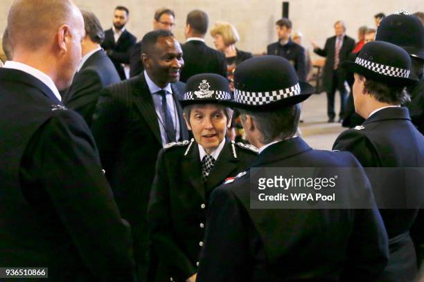 Cressida Dick the Metropolitan Police Commissioner talks to colleagues after a commemoration for the victims of the attack on Westminster and...
