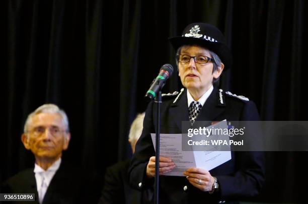 Cressida Dick The Metropolitan Police Commissioner reads the poem 'Time' by Henry Van Dyke, watched by The Lord Speaker Lord Fowler during a...