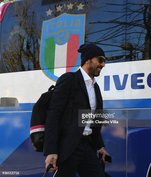 Gianluigi Buffon of Italy departs to Manchester on March 22, 2018 in Florence, Italy.