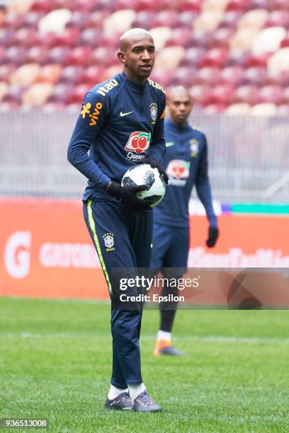 Talisca of Brazil attends a training session ahead of a friendly match between Russia and Brazil at Luzhniki Stadium on March 22, 2018 in Moscow,...