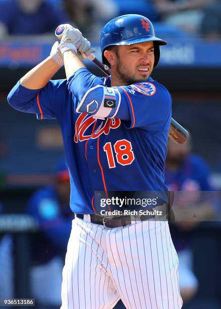 Travis d'Arnaud of the New York Mets in action during a spring training game against the Houston Astros at First Data Field on March 6, 2018 in Port...