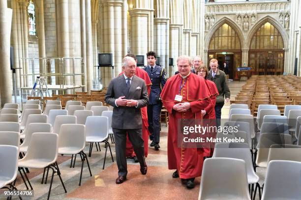 Prince Charles, Prince of Wales is given a tour of Truro Cathedral by Dean, Roger Bush during his visit to meet community groups and businesses...