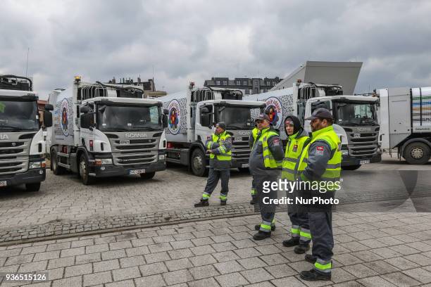 The Suez company grabage collectors are seen in front of new Scania trucks in Gdansk, Poland on 22 March 2018 Since the April 1st 2018 City of Gdansk...