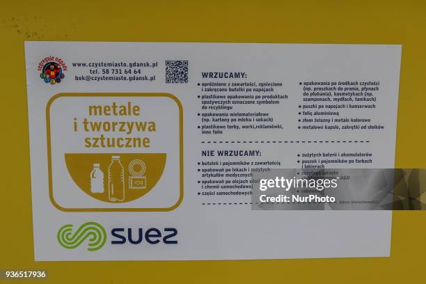 Waste container for metal and plastics is seen in Gdansk, Poland on 22 March 2018 Since the April 1st 2018 City of Gdansk implements a new waste...