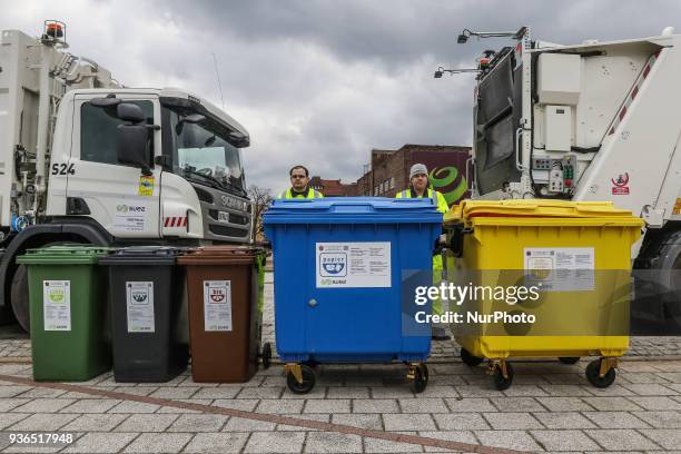 Waste containers in front of garbage truck are seen in Gdansk, Poland on 22 March 2018 Since the April 1st 2018 City of Gdansk implements a new waste...