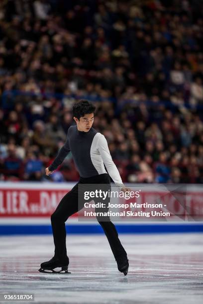 Nathan Chen of the United States competes in the Men's Short Program during day two of the World Figure Skating Championships at Mediolanum Forum on...