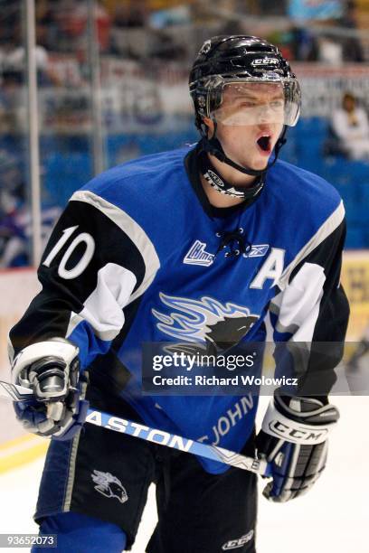 Michael Kirkpatrick of the Saint John Sea Dogs skates during the warm up period prior to facing the Drummondville Voltigeurs at the Marcel Dionne...