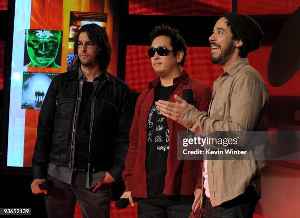 Musicians Rob Bourdon, Joe Hahn, and Mike Shinoda of Linkin Park speak onstage during The GRAMMY Nominations Concert Live! at the Club Nokia on...