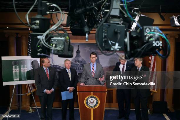 Sen. Tom Cotton speak to reporters during a news conference with Rep. Tom Reed , Sen. Lindsey Graham , Sen. Bill Cassidy and Sen. John Kennedy in the...