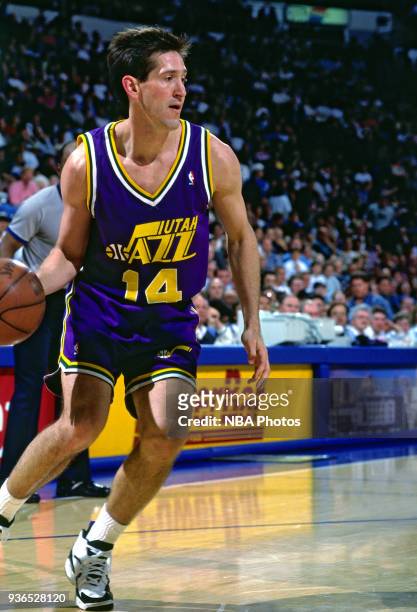 Jeff Hornacek of the Utah Jazz drives circa 1994 at the Oakland Coliseum in Oakland, California. NOTE TO USER: User expressly acknowledges and agrees...