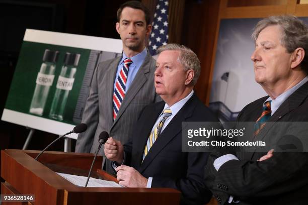 Sen. Lindsey Graham speaks to reporters during a news conference with Sens. Tom Cotton and John Kennedy in the U.S. Capitol March 22, 2018 in...