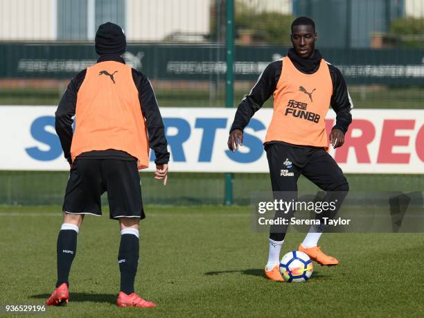 Massadio Haidara passes the ball during the Newcastle United Training session at the Newcastle United Training Centre on March 22 in Newcastle upon...