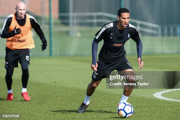 Isaac Hayden controls the ball during the Newcastle United Training session at the Newcastle United Training Centre on March 22 in Newcastle upon...