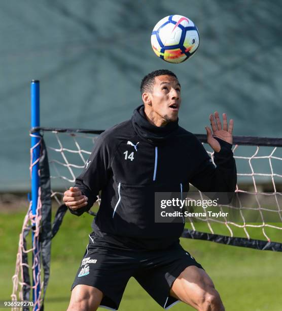 Isaac Hayden heads the ball whilst playing head tennis during the Newcastle United Training session at the Newcastle United Training Centre on March...