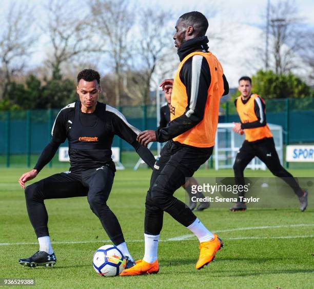 Jacob Murphy closes down Massadio Haidara during the Newcastle United Training session at the Newcastle United Training Centre on March 22 in...