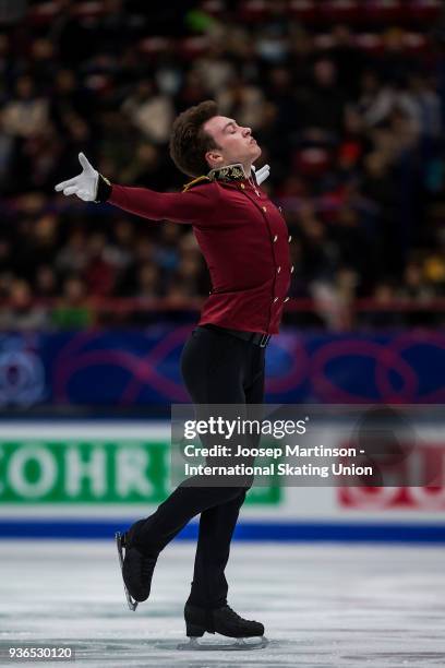 Dmitri Aliev of Russia competes in the Men's Short Program during day two of the World Figure Skating Championships at Mediolanum Forum on March 22,...