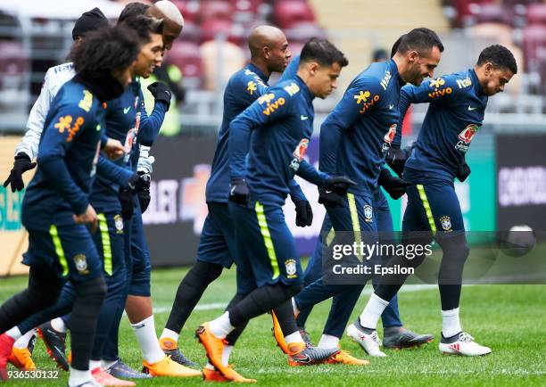 Players of Brazil attends a training session ahead of a friendly match between Russia and Brazil at Luzhniki Stadium on March 22, 2018 in Moscow,...