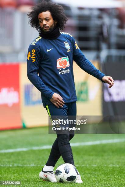 Marcelo of Brazil attends a training session ahead of a friendly match between Russia and Brazil at Luzhniki Stadium on March 22, 2018 in Moscow,...