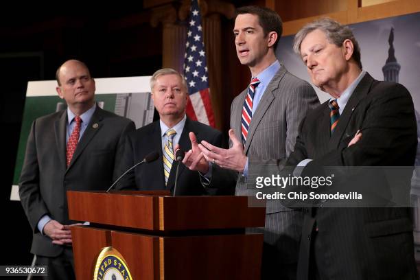 Sen. Tom Cotton speaks to reporters during a news conference with Rep. Tom Reed , Sen. Lindsey Graham and Sen. John Kennedy in the U.S. Capitol March...
