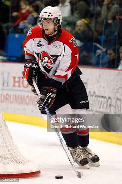 Sean Couturier of the Drummondville Voltigeurs skates with the puck during the game against the Saint John Sea Dogs at the Marcel Dionne Centre on...