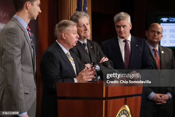 Sen. Tom Cotton , Sen. Lindsey Graham , Sen. John Kennedy , Sen. Bill Cassidy and Rep. Tom Reed hold a news conference at the U.S. Capitol March 22,...