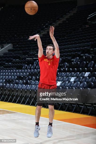 David Stockton of the Utah Jazz warms up before the game against the Sacramento Kings on March 17, 2018 at vivint.SmartHome Arena in Salt Lake City,...