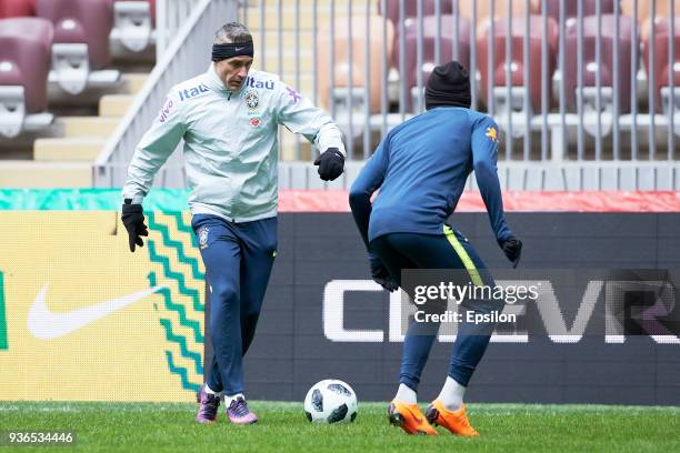 Head coach of Brazil Tite attends a training session ahead of a friendly match between Russia and Brazil at Luzhniki Stadium on March 22, 2018 in...