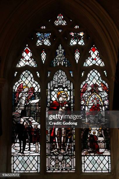 Saint Martin's cathedral, Leicester, U.K. Stained glass depicting episodes of Saint Martin's life. United kingdom.