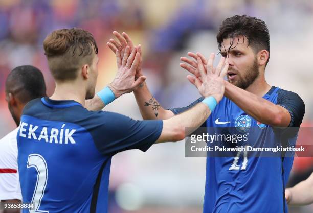 Peter Pekarik of Slovakia celebrates with Michal Duris of Slovakia during the international friendly match between Slovakia and United Arab Emirates...