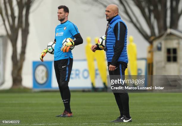 Internazionale coach Luciano Spalletti and Daniele Padelli of FC Internazionale look on during the FC Internazionale training session at the club's...