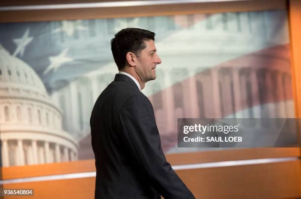 Speaker of the House, Paul Ryan, Republican of Wisconsin, holds his weekly press conference on Capitol Hill in Washington, DC, March 22, 2018. / AFP...