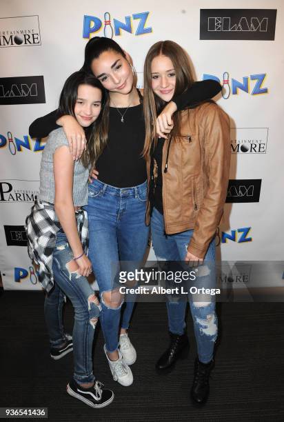 Annie LeBlanc, Indiana Massara and Riley Lewis attend the Birthday Party For Elam Roberson held at Pinz Bowling on March 21, 2018 in Los Angeles,...