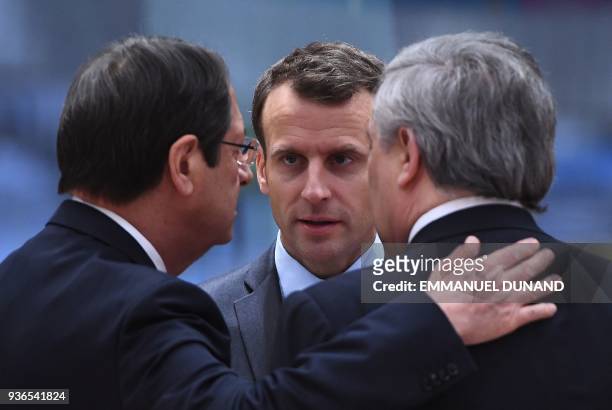 Cyprus' President Nicos Anastasiades, France's President Emmanuel Macron and European Parliament President Antonio Tajani attend a European leaders...