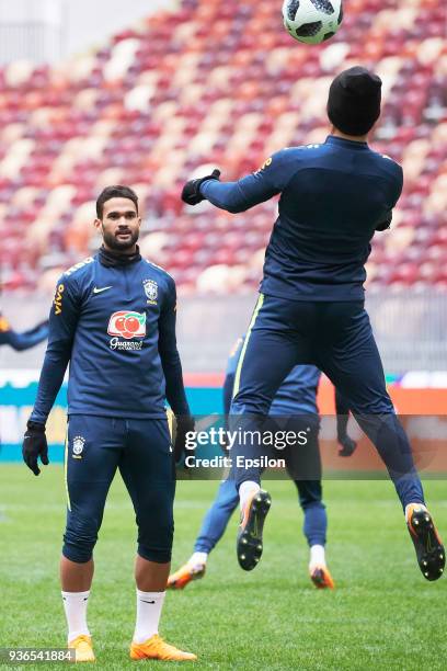 Willian Jose of Brazil attends a training session ahead of a friendly match between Russia and Brazil at Luzhniki Stadium on March 22, 2018 in...