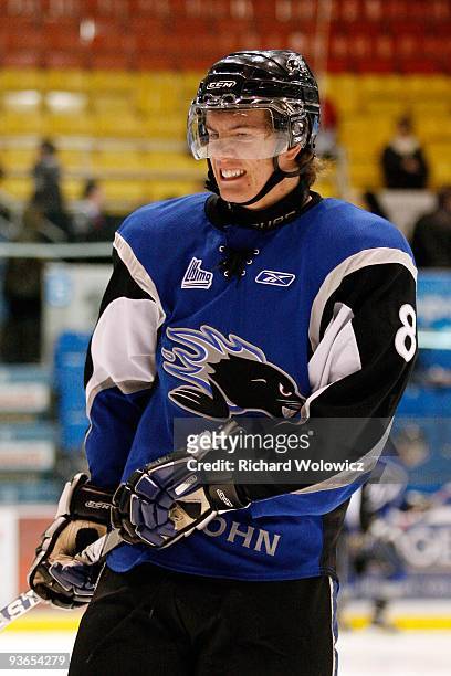 Nicholas Petersen of the Saint John Sea Dogs skates during the warm up period prior to facing the Drummondville Voltigeurs at the Marcel Dionne...