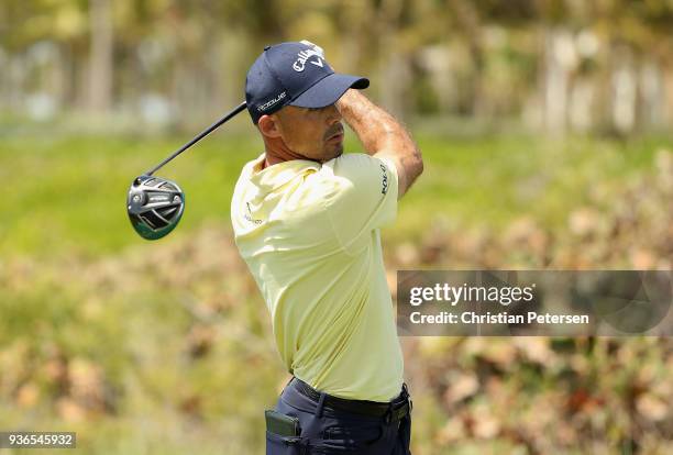 Jonathan Byrd plays his shot on the 18th tee during round one of the Corales Puntacana Resort & Club Championship on March 26, 2018 in Punta Cana,...