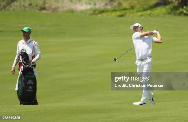 Ben Crane plays his second shot on the 18th green during round one of the Corales Puntacana Resort & Club Championship on March 26, 2018 in Punta...