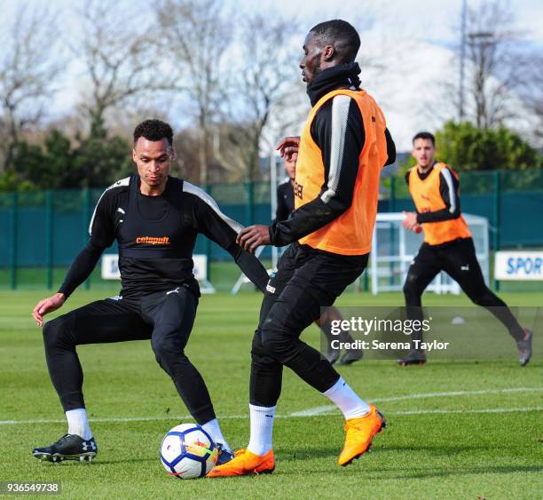 Jacob Murphy closes down Massadio Haidara during the Newcastle United Training session at the Newcastle United Training Centre on March 22 in...