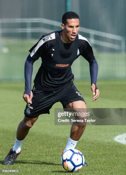 Isaac Hayden controls the ball during the Newcastle United Training session at the Newcastle United Training Centre on March 22 in Newcastle upon...