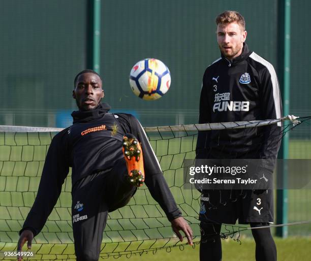 Massadio Haidara volleys the ball whilst playing head tennis during the Newcastle United Training session at the Newcastle United Training Centre on...